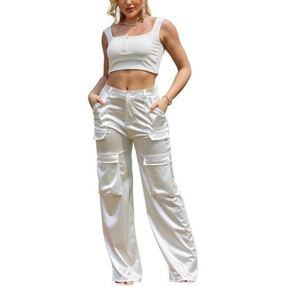 Elegant Wide Leg Satin Cargo Pants for Women - Flattering Loose Fit with Pockets